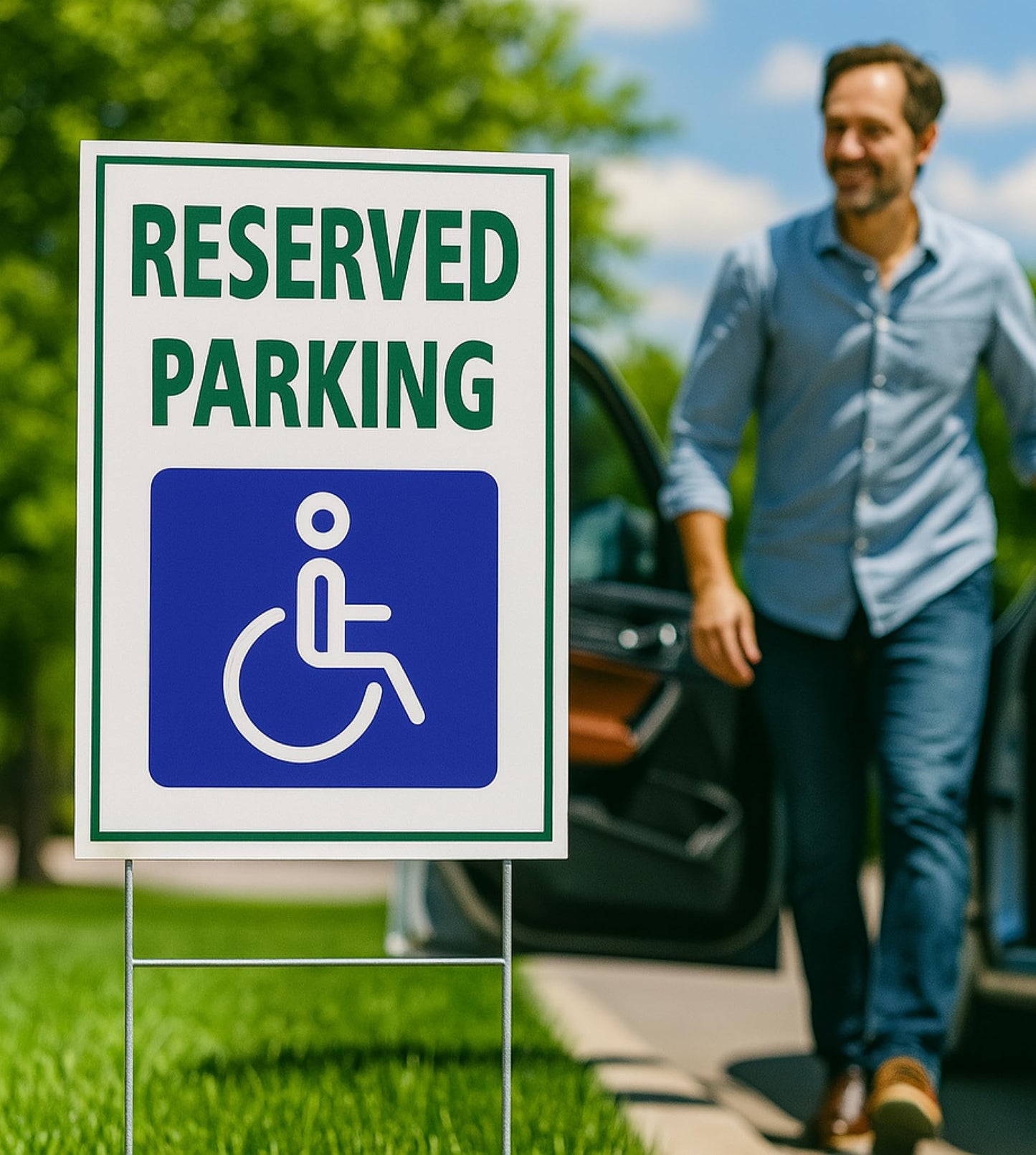 Pack of 3 Reserved Parking Double Sided Sign 12x8 inch with Metal H-Shaped Stakes - Accessible Parking Signs with Picture of Accessible Signs
