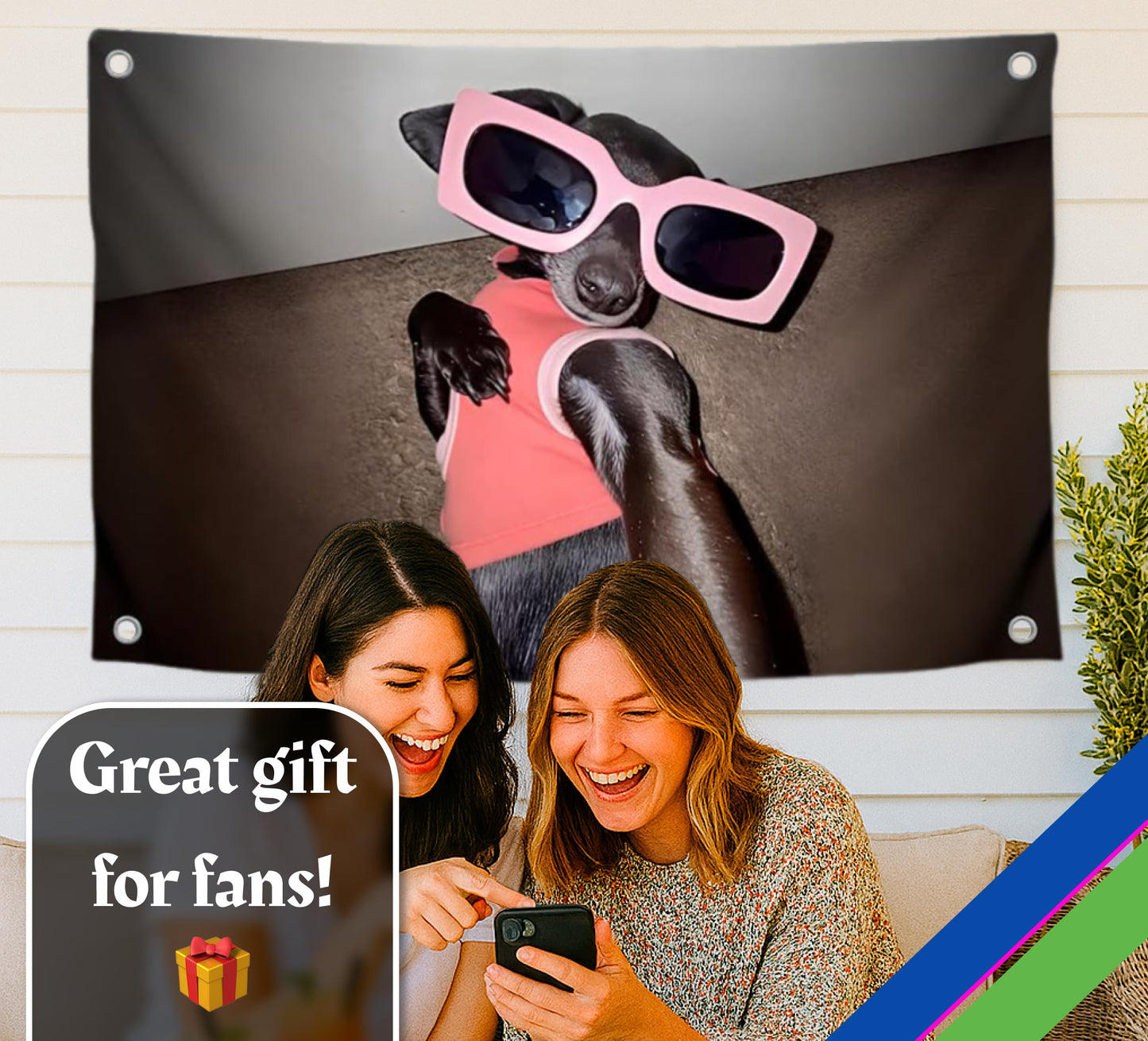 3x5 Feet Funny Flag with Small Dog in Rose Coloured Glasses Taking Selfie with Four Brass Grommets - Single Sided Meme Flag for College Dorm