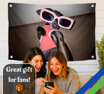3x5 Feet Funny Flag with Small Dog in Rose Coloured Glasses Taking Selfie with Four Brass Grommets - Single Sided Meme Flag for College Dorm
