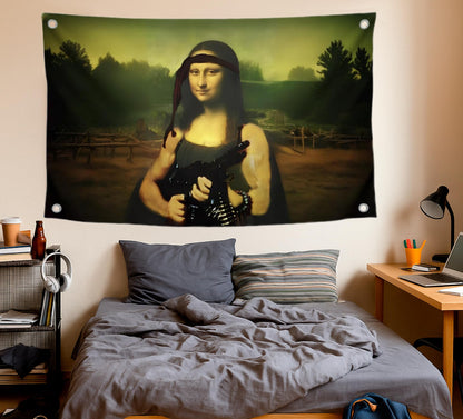 3x5 Feet Tapestry Flag Mona Lisa with a Machine Gun with Four Brass Grommets - Cool Flags for Decor Boys Room