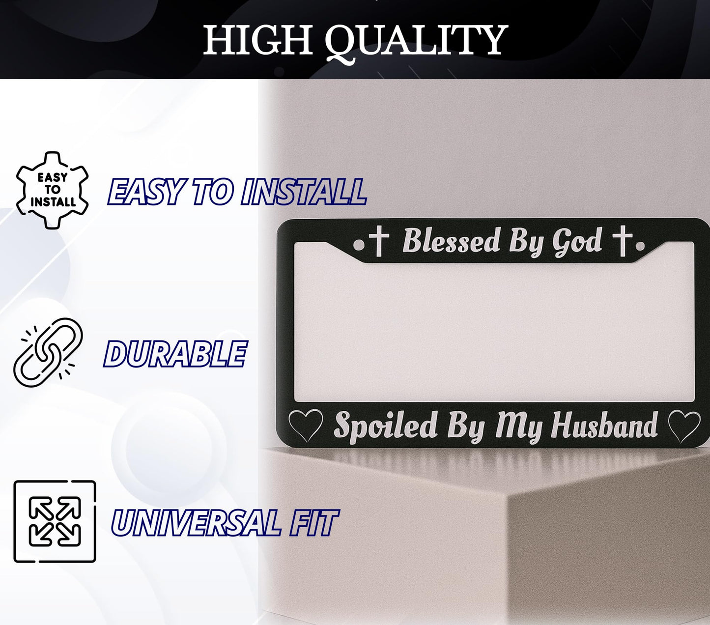 Personalized Car License Plate Frame for US Standard Frame Blessed by God Spoiled by My Husband - Black Metal Plate Frame 6x12.25 inch