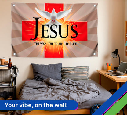 3x5 Ft Polyester Flag The Way - The Life with 4 Brass Grommets - Single Sided Banner with A Cross and A Dove for Wall Decoration