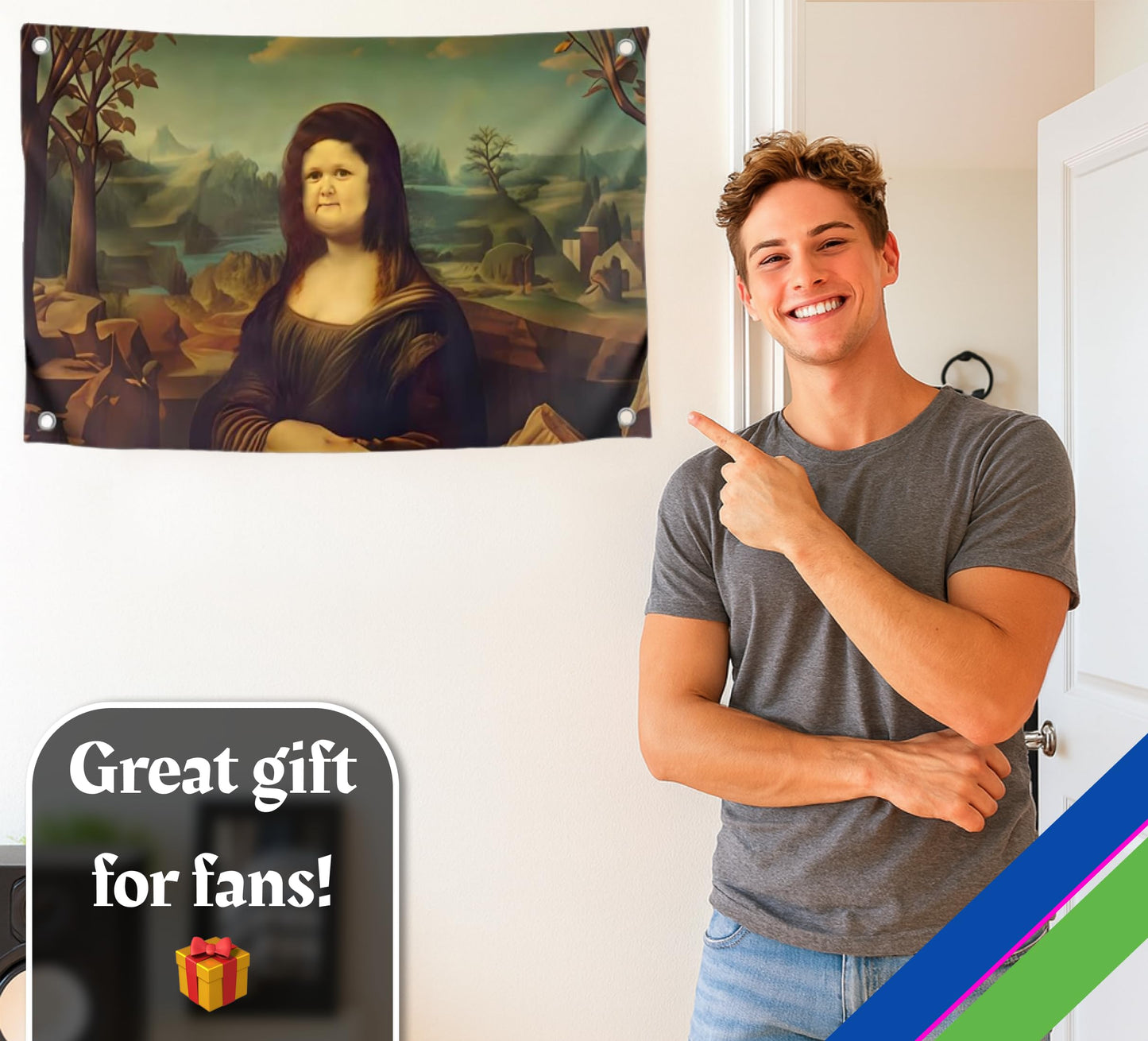 3x5 Ft Polyester Flag with 4 Brass Grommets - Mona Lisa Parody with Round Face - Art Meme Flags - Funny Decoration Poster for Home