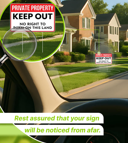 3X Private Property Plastic Sign with Stake - 12x8 Inches Keep Out Double Sided Signs - No Right to Roam On This Land - for Property Protection