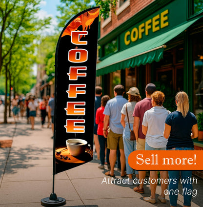 12x2.5 Feet Tall Feather Single Sided Flags "Coffee" - Coffee Flags for Businesses or Lunch - Special Coffеe Themed Polyester Flag - Windless Swooper