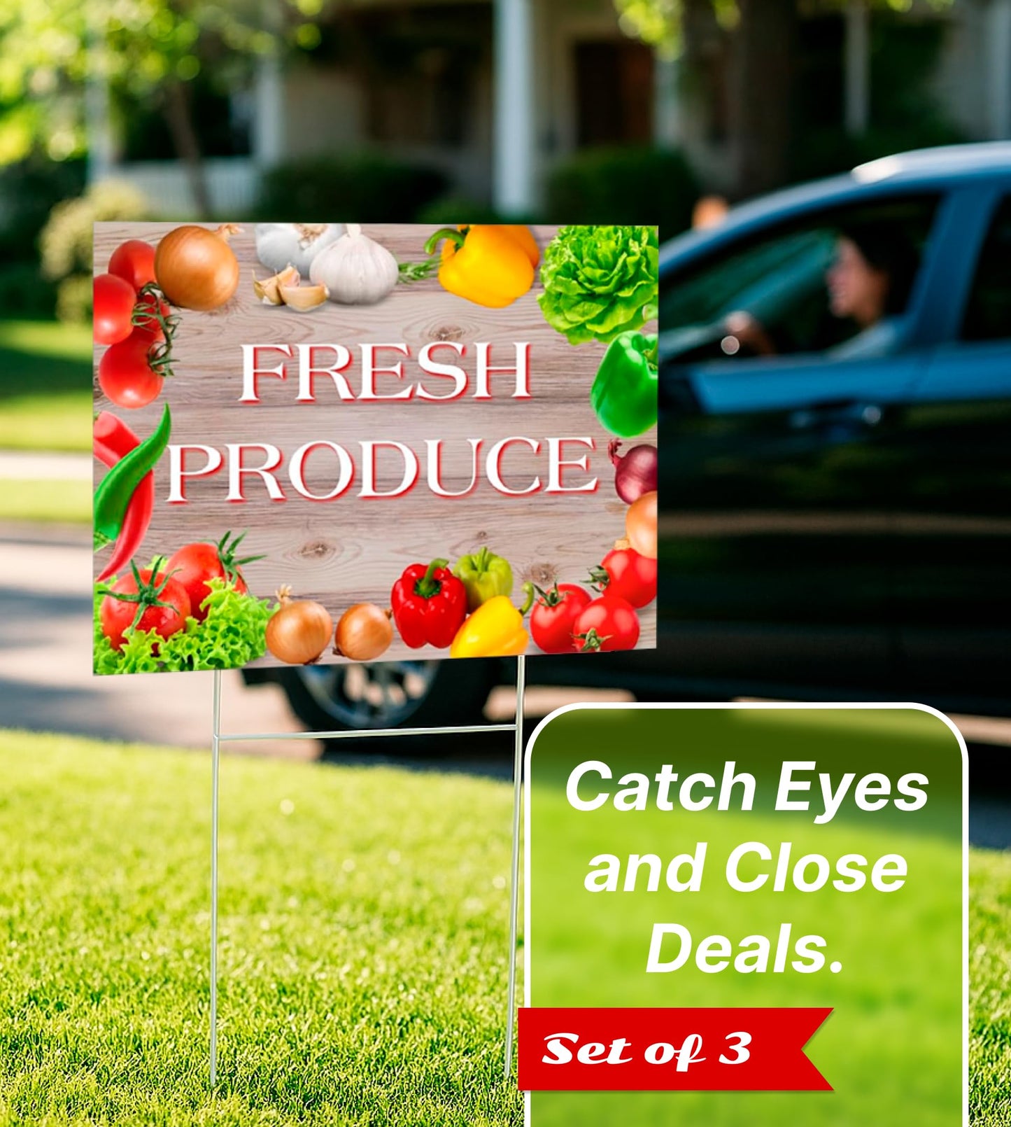 Set of 3 Double Sided 12x16 Inches Fresh Produce Sign with Metal H-Stakes - Vegetable Sign Outdoor or Indoor Yard Signs