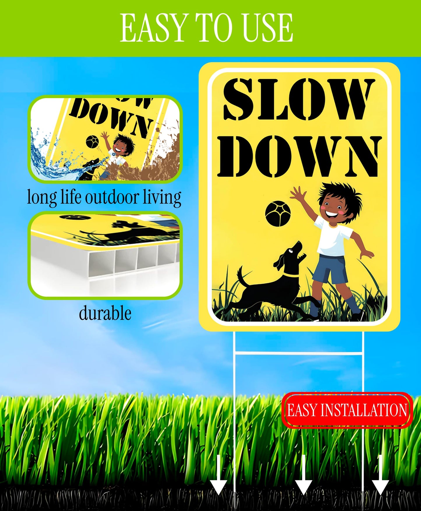 Set of 3 Double Sided 12x16 Inches "SLOW DOWN" Sign with Metal H-Stakes - Children at Play Safety Signs for Street