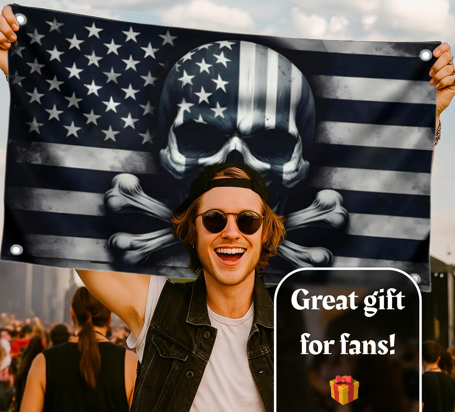 3x5 Feet Skull And Crossbones Polyester Flag with 4 Brass Grommets - American Pirate Banner For Man Cave - Black and White Grey American Single Sided