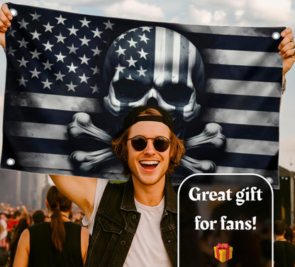 3x5 Feet Skull And Crossbones Polyester Flag with 4 Brass Grommets - American Pirate Banner For Man Cave - Black and White Grey American Single Sided