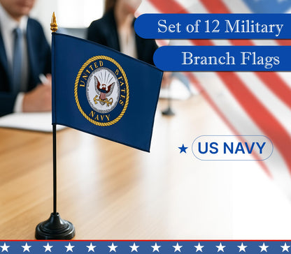 Pack of 12 (Dozen) 4x6 Inch U.S. National Emblem Military Service Miniature Desk & Table Flags - Polyester Small Mini Military Stick Flags