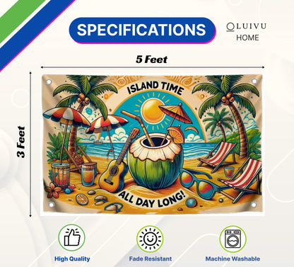 3x5 Feet Single Sided Flag with 4 Brass Grommets - Island Dream Flag - Sun and Ocean View - Quote on the Poster "Island Time All Day Long"