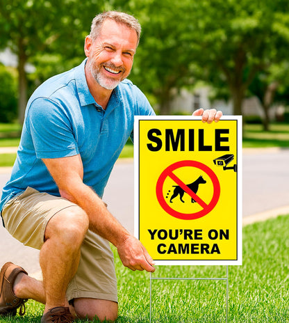 3-Pack 12x8 Inch Smile Your on Camera Signs with Stakes – Outdoor Lawn Protection No Trespassing, Video Surveillance Home Security Yard Plastic Signs