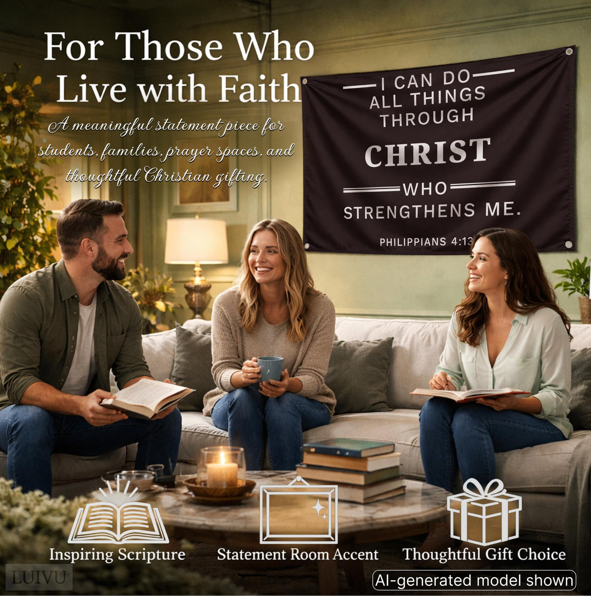 3x5 ft Christian Bible Verse Flag – Philippians 4:13, Black Polyester Wall Banner with 4 Grommets