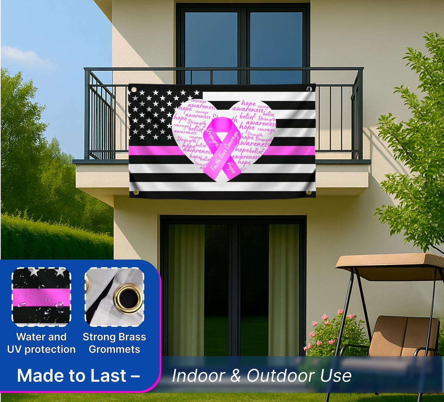 3x5 Fееt Breast Cancer Awareness Ribbon Polyester Flag with 4 Brass Grommets - Outdoor Hope Faith Courage Strength Decor Single Sided Banner