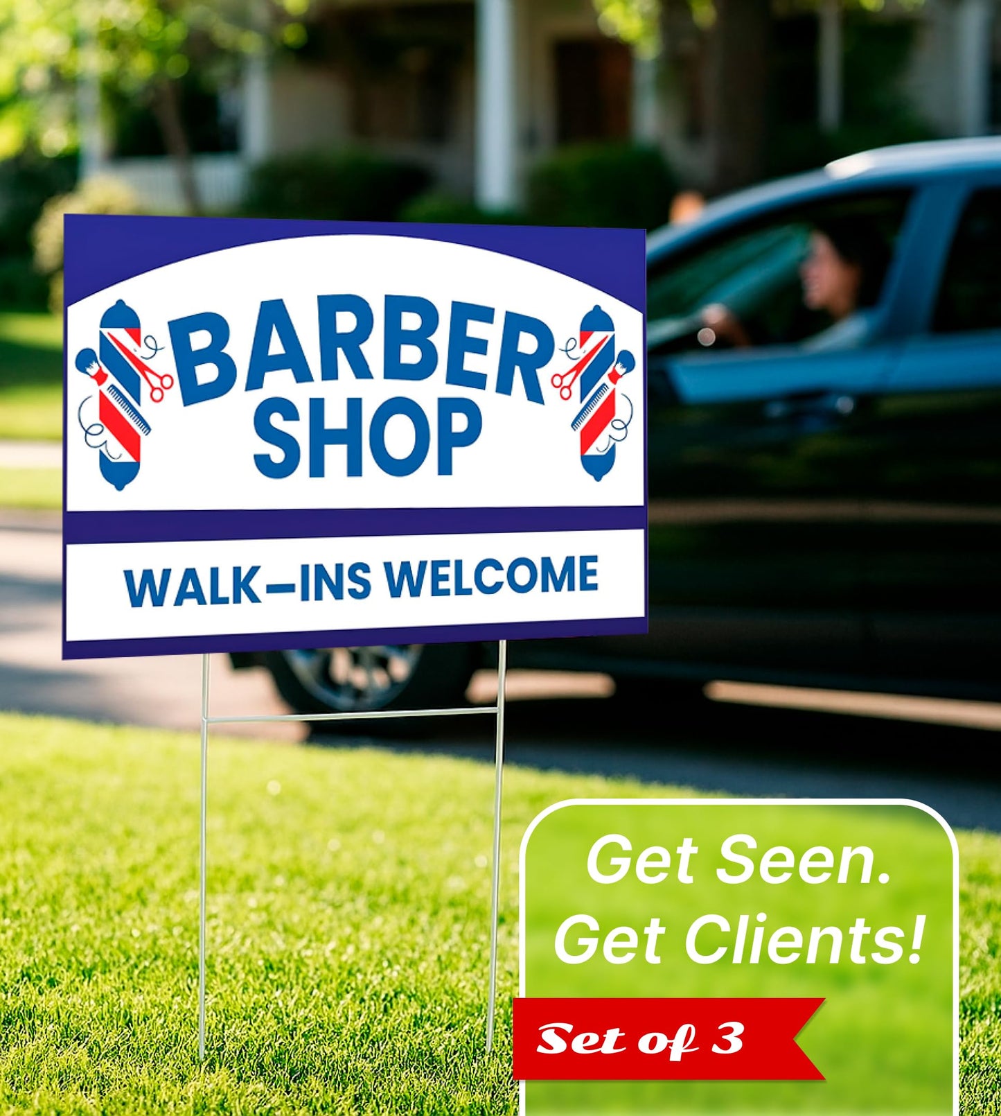 12x16 inch pack of 3 Barber Shop (Arrow) Yard Sign - Double-Sided Print with Metal Stakes - Barber Shop Grand Opening Plastic Sign