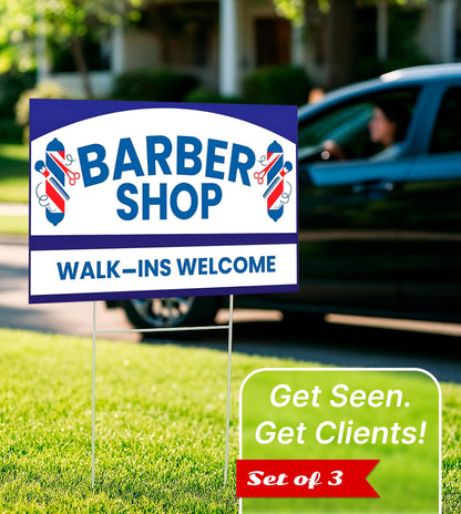 12x16 inch pack of 3 Barber Shop (Arrow) Yard Sign - Double-Sided Print with Metal Stakes - Barber Shop Grand Opening Plastic Sign