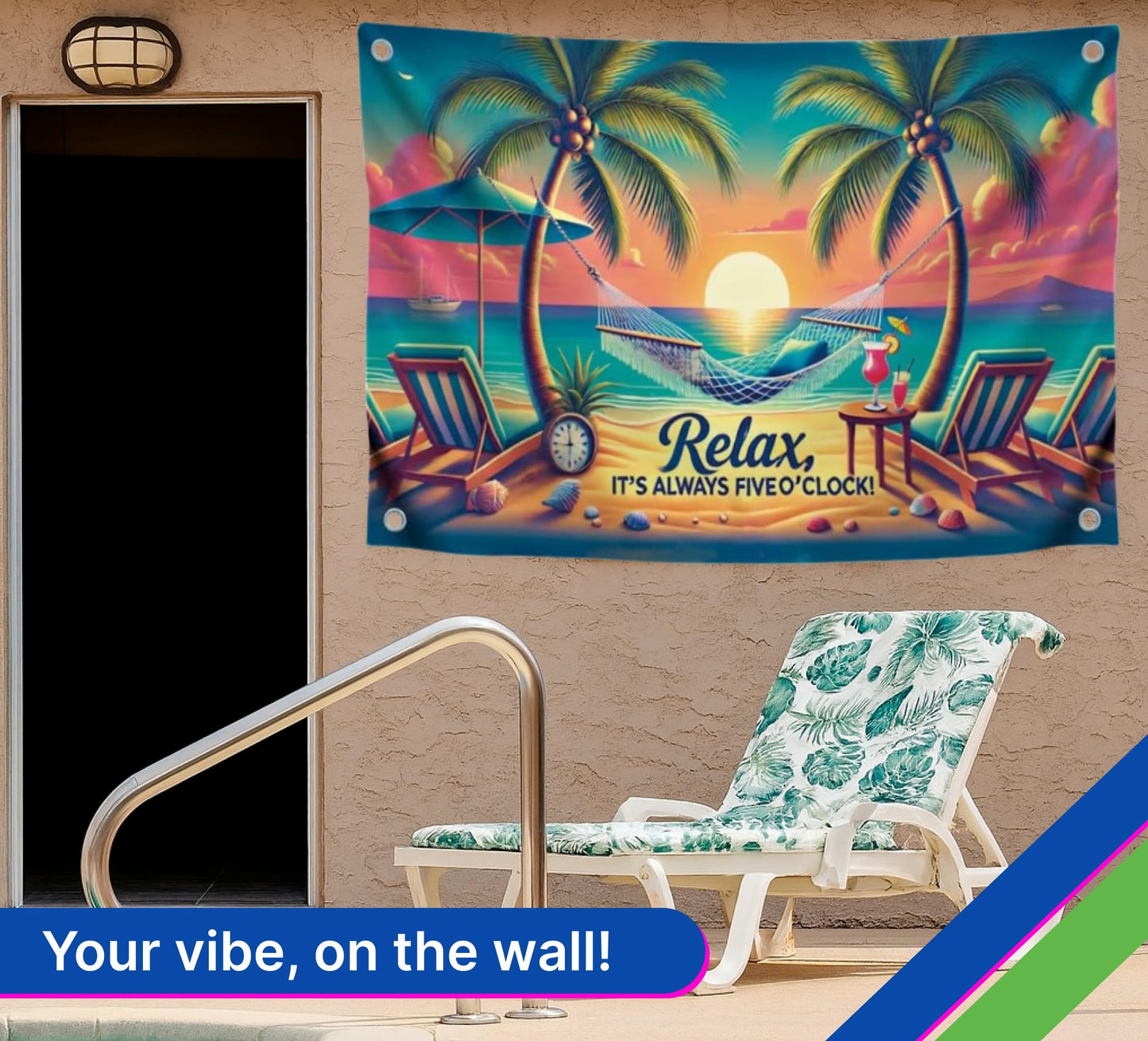 3x5 Ft Single Sided Flag with 4 Brass Grommets - "Relax It's Always Five O'Clock" Relax Time - Hammock and Beach Scene - Tropical Sunset Polyester