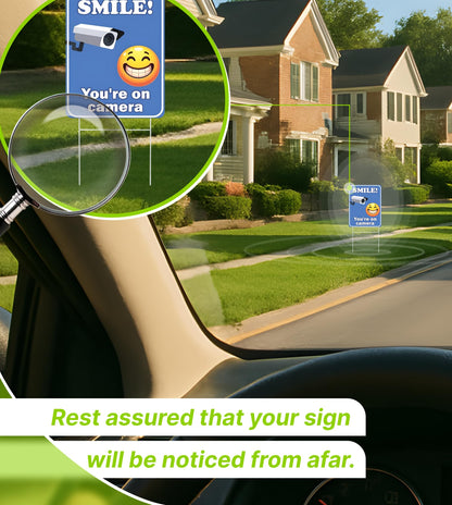 Set of 3 Double Sided 12x8 Inches Plastic Sign With H-Stakes "SMILE! You'reon Camera" - Tresspassing Video Surveillance Private Property Signs