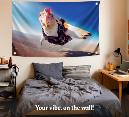 3x5 Feet Funny Polyester Flag with Flying Chicken with Four Brass Grommets - Meme Banner One Chicken Learned to Fly - Flag Who Says Chickens Can't