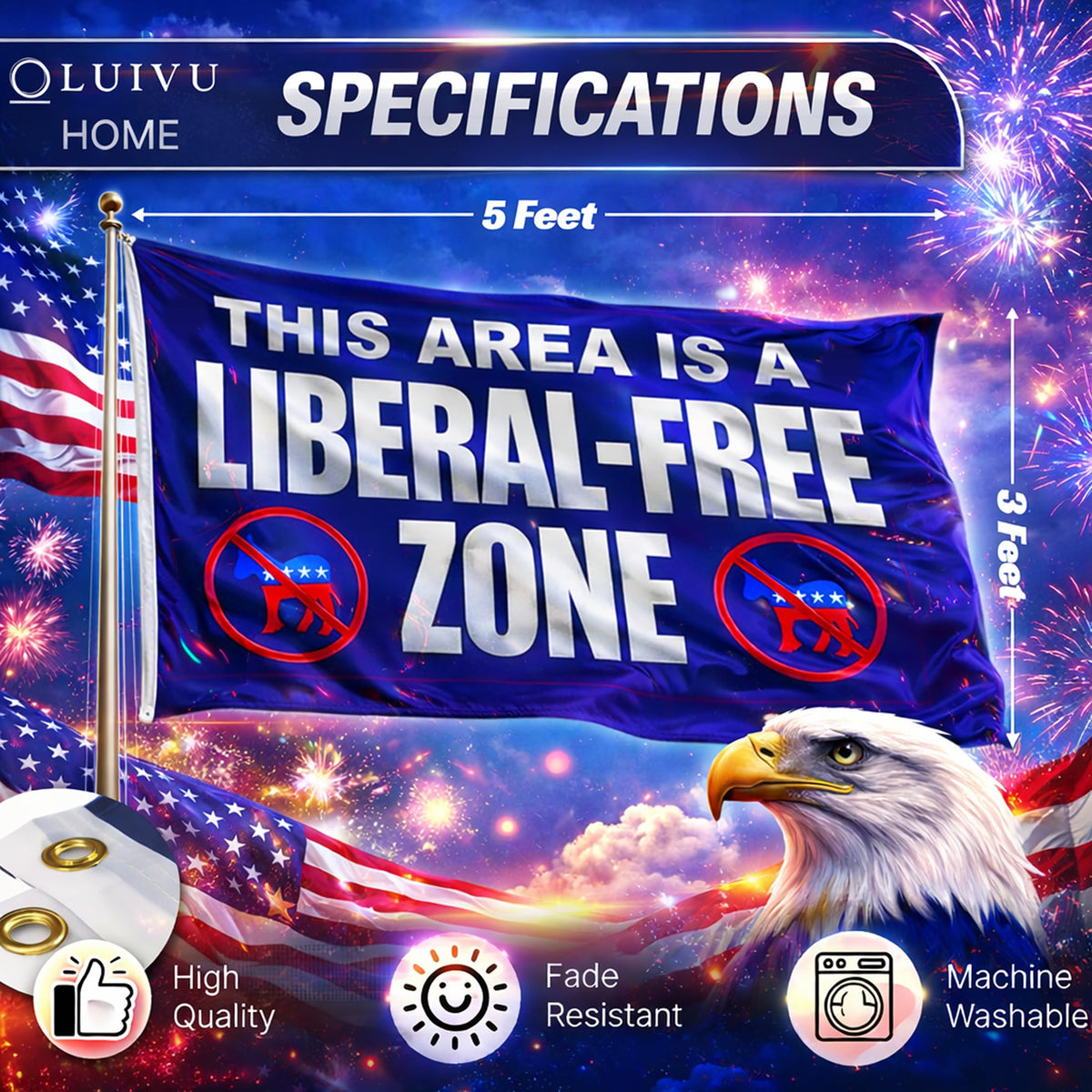 3x5 ft Liberal Free Zone Flag – Funny Political Wall Banner, Polyester Flag for Garage, Man Cave, Dorm Room and Outdoor Decor