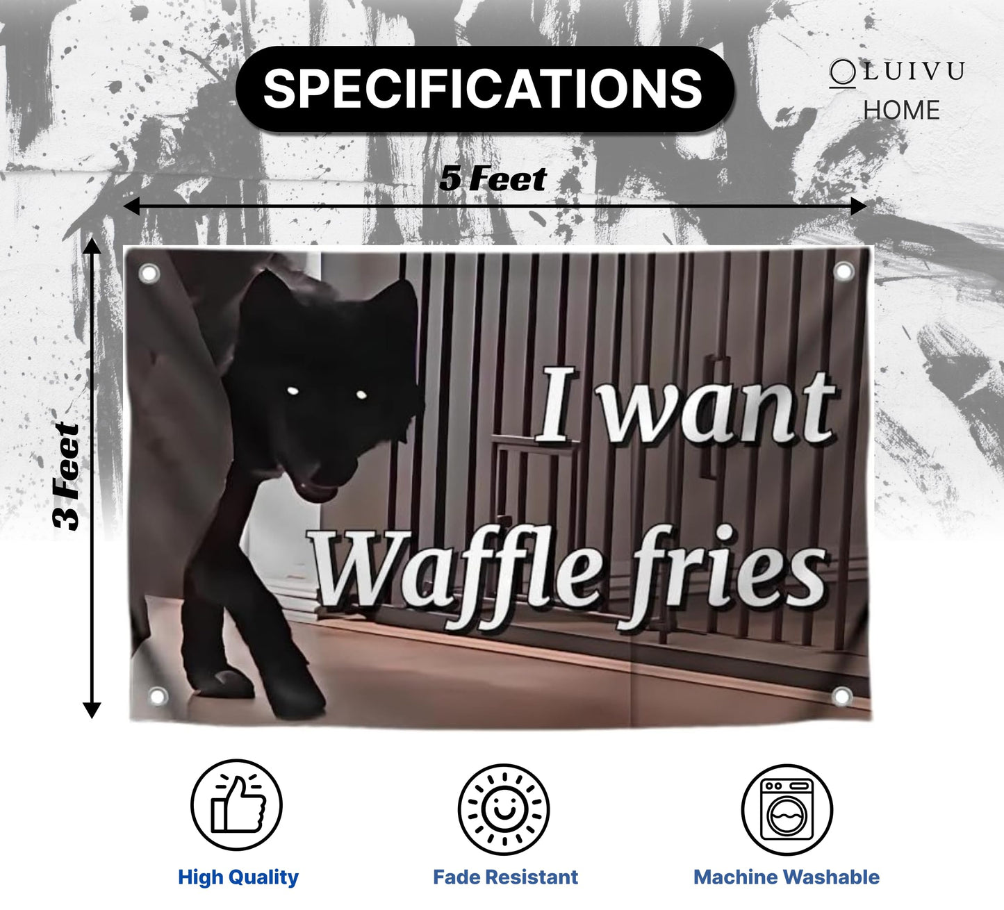 3x5 Feet Wolf Meme Flag with Quote "I Want Waffle Fries" with Four Brass Grommets - Single Sided Polyester Black Wolf Banner for Wall Room Decoration