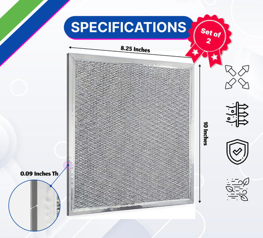Set of 2 Aluminum Range Hood Filters 8 1/4” x 10”x 0.09"Th - Grease Filters for Range Hood - Hoods Stove Vent Filter or Kitchen Exhaust Fan Cover