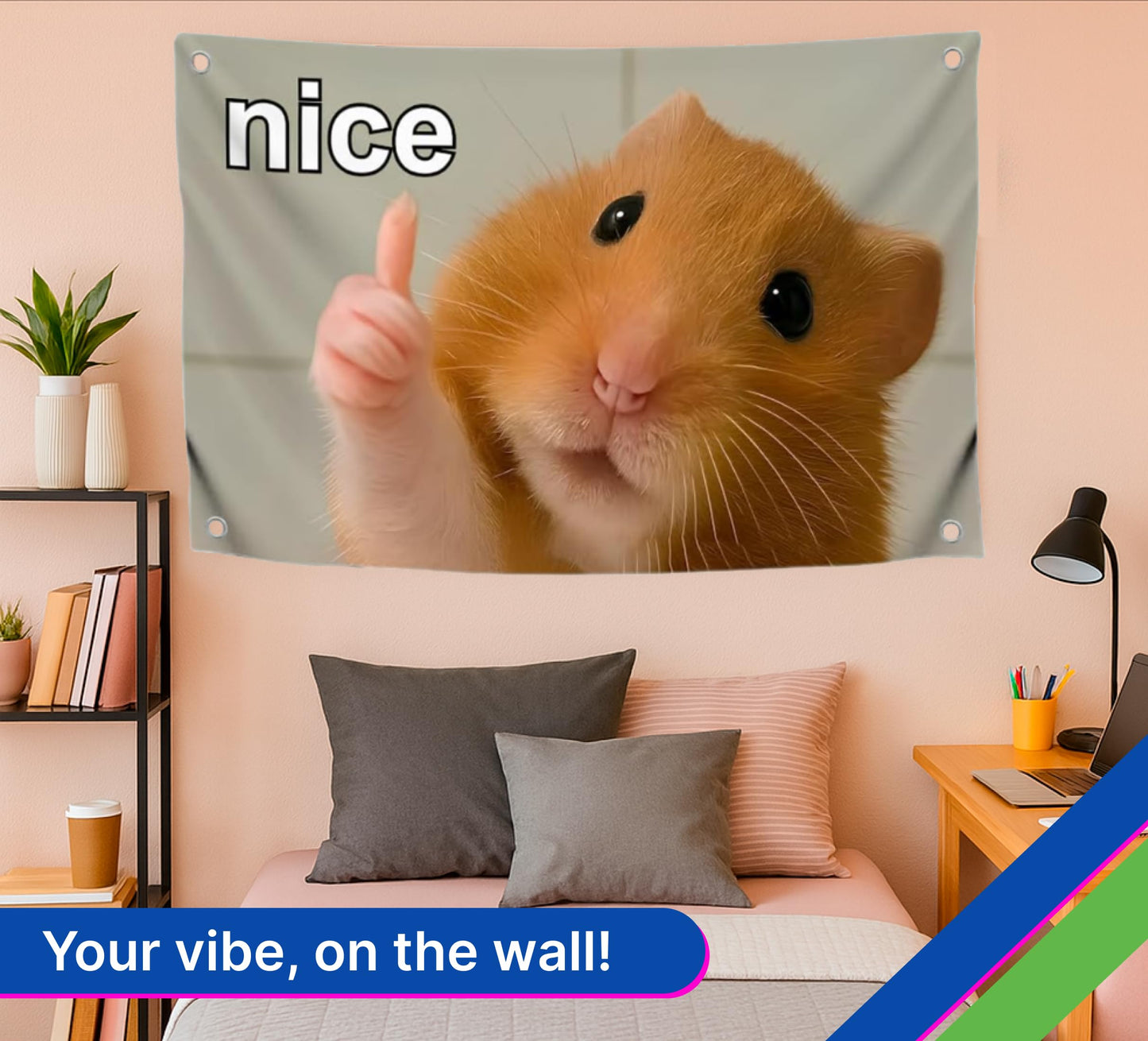 3x5 Feet Funny Flag Picture of Hamster with Inscription "Nice" Four Brass Grommets - Single Sided Cool Banner for Room - Funny Polyester Tapestry