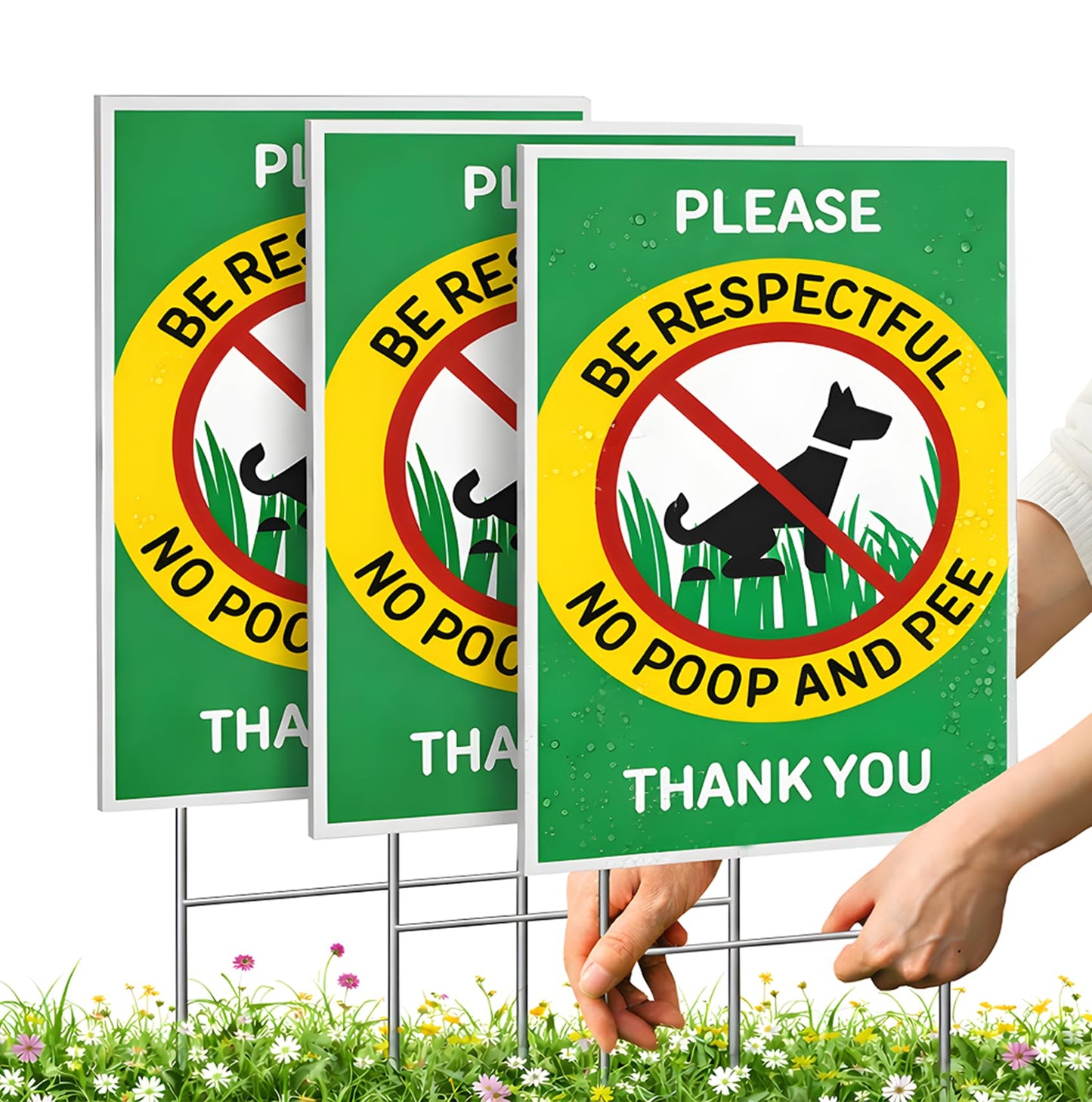 ULVEOL Set of 3 Double Sided 12x8 Inches Please Be Respectful No Poop And Pee Thank You Sign with Metal Stakes
