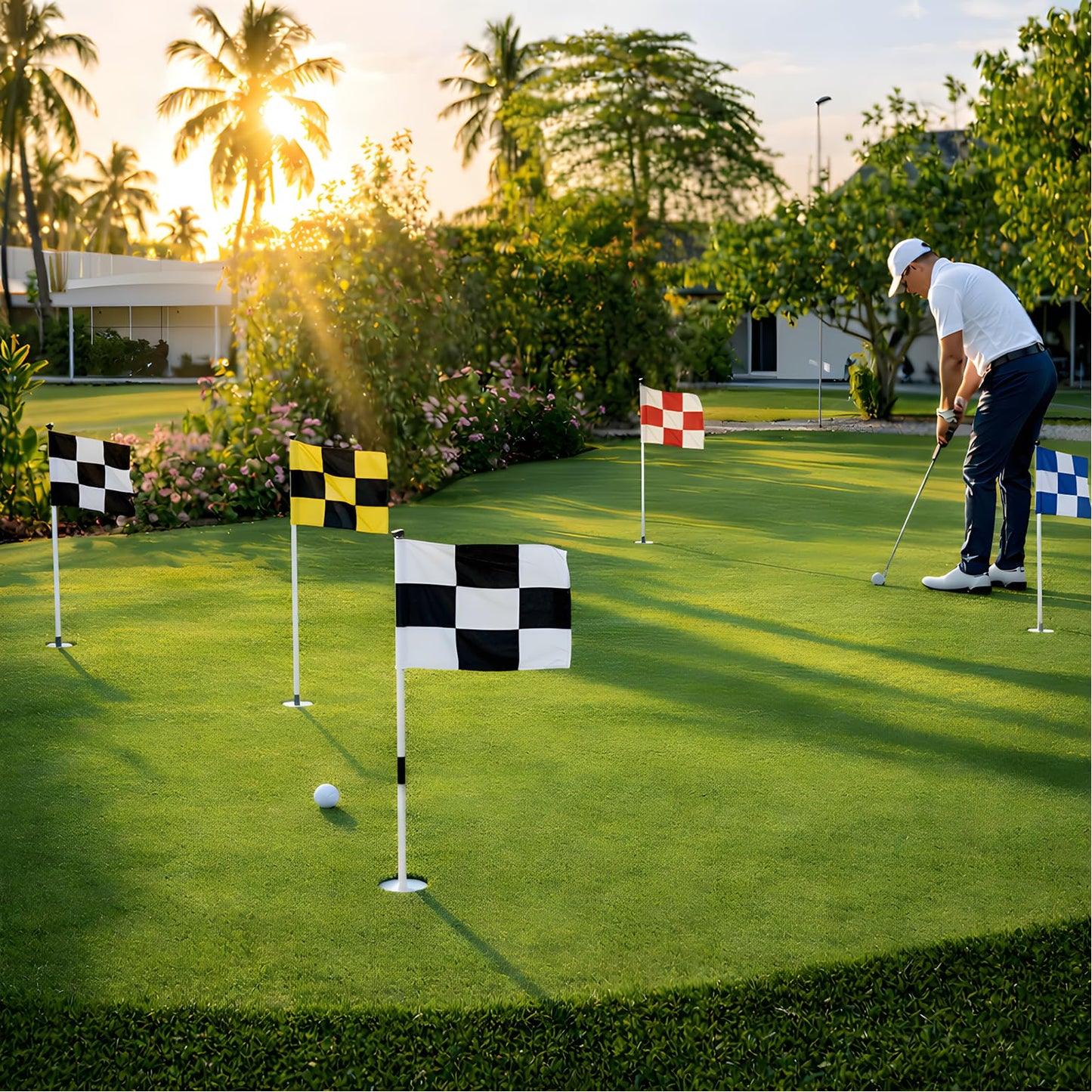 Set of 4 Double Sided 8x6 Inches Checkered Golf Polyester Flag - Mini Practice Putting Green Flags for Yard in 420D Nylon - Small Banner Checkered