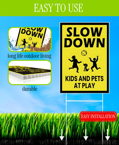 3 Pack Single Sided 8x12 Please Slow Down Kids and Pets at Play Yard Plastic Sign with Metal H-Stakes - Children At Play