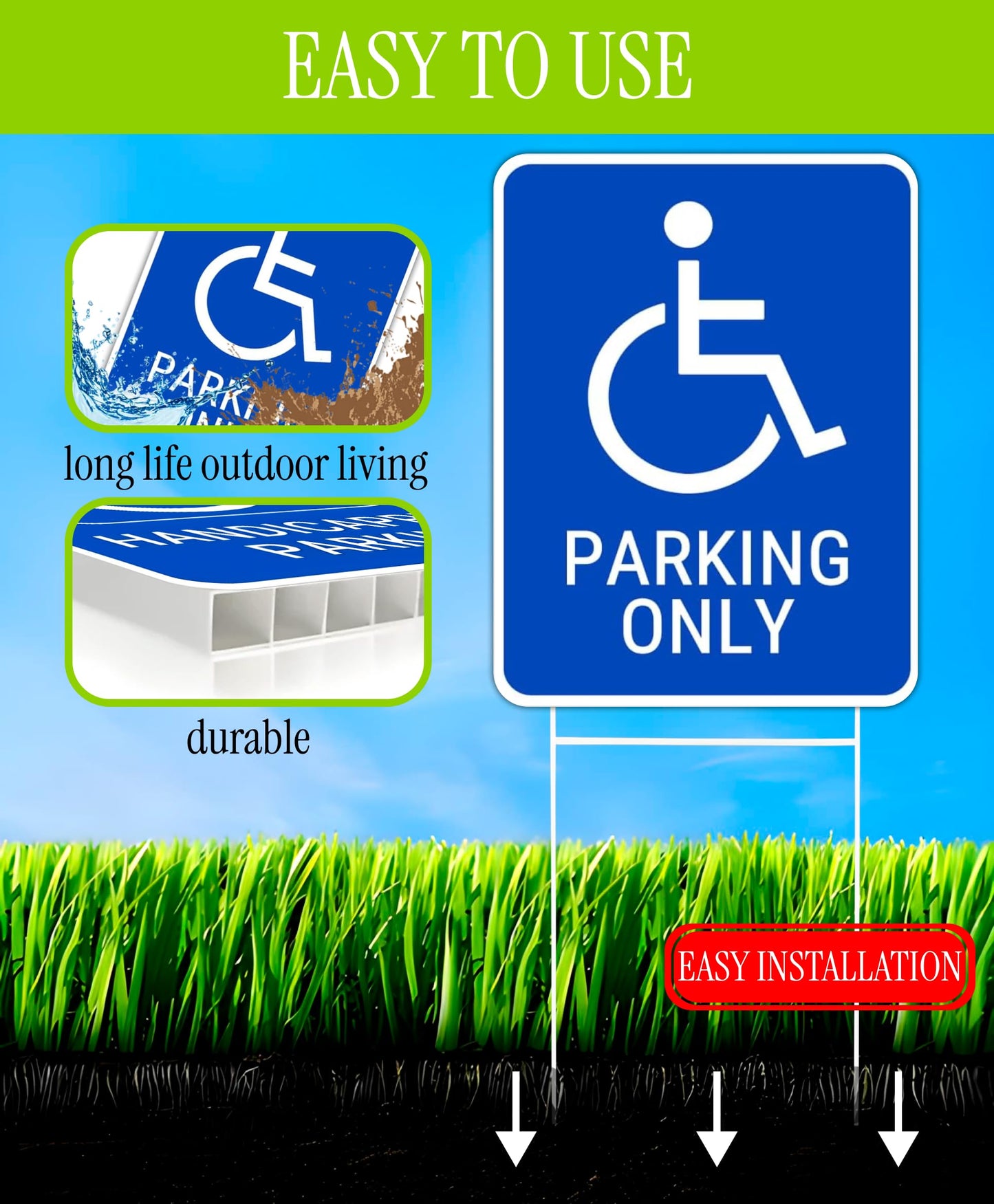 Set of 3 Double Sided 12x16 Inches Reserved Parking Signs for Handicapped Only with Metal Wire H-Stakes