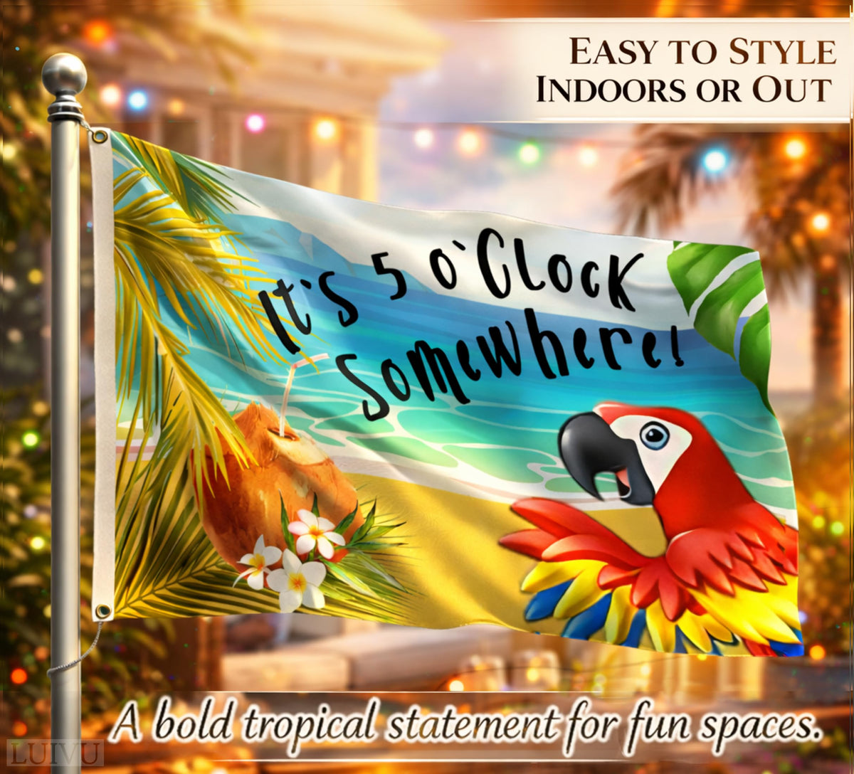 12x18 in It's 5 O'Clock Somewhere Flag – Double-Sided Tropical Bar Banner