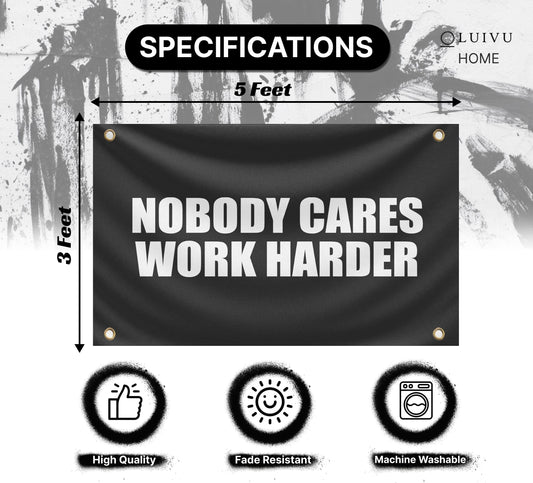 3x5 Feet Nobody Cares Motivational Gym Polyester Banner with 4 Grommets - Inspire Your Workout with this Flag - Fitness Wall Single Sided Decor