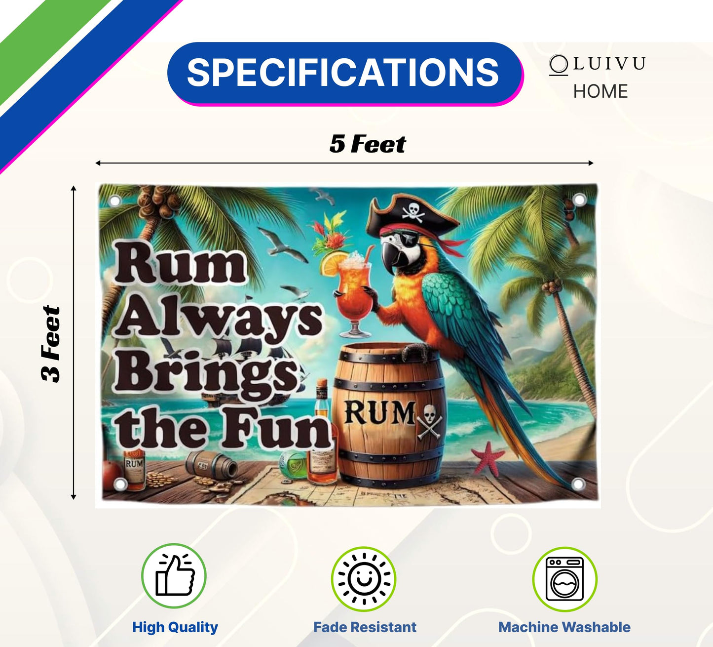 3x5 Feet Flag with 4 Brass Grommets - Tropical Pirate Parrot Flag - "Rum Always Brings Fun" Quote Design - Outdoor Banner for Summer