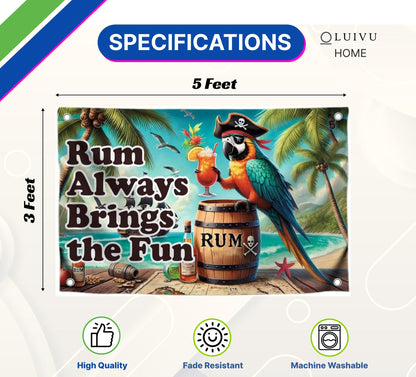 3x5 Feet Flag with 4 Brass Grommets - Tropical Pirate Parrot Flag - "Rum Always Brings Fun" Quote Design - Outdoor Banner for Summer