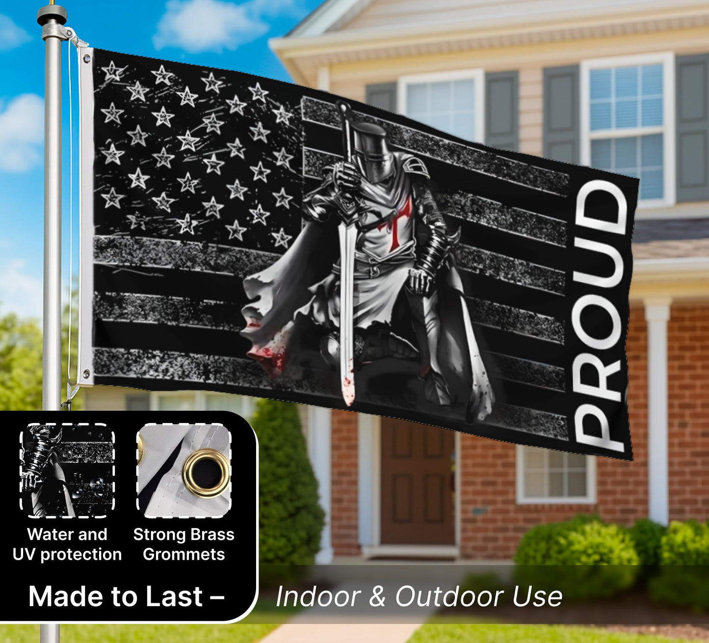 3x5 Ft American Flag With Templar Knights Polyester Flag with 2 Grommets - Proud Knight Decorations USA House or Home Wall Single Sided Flags