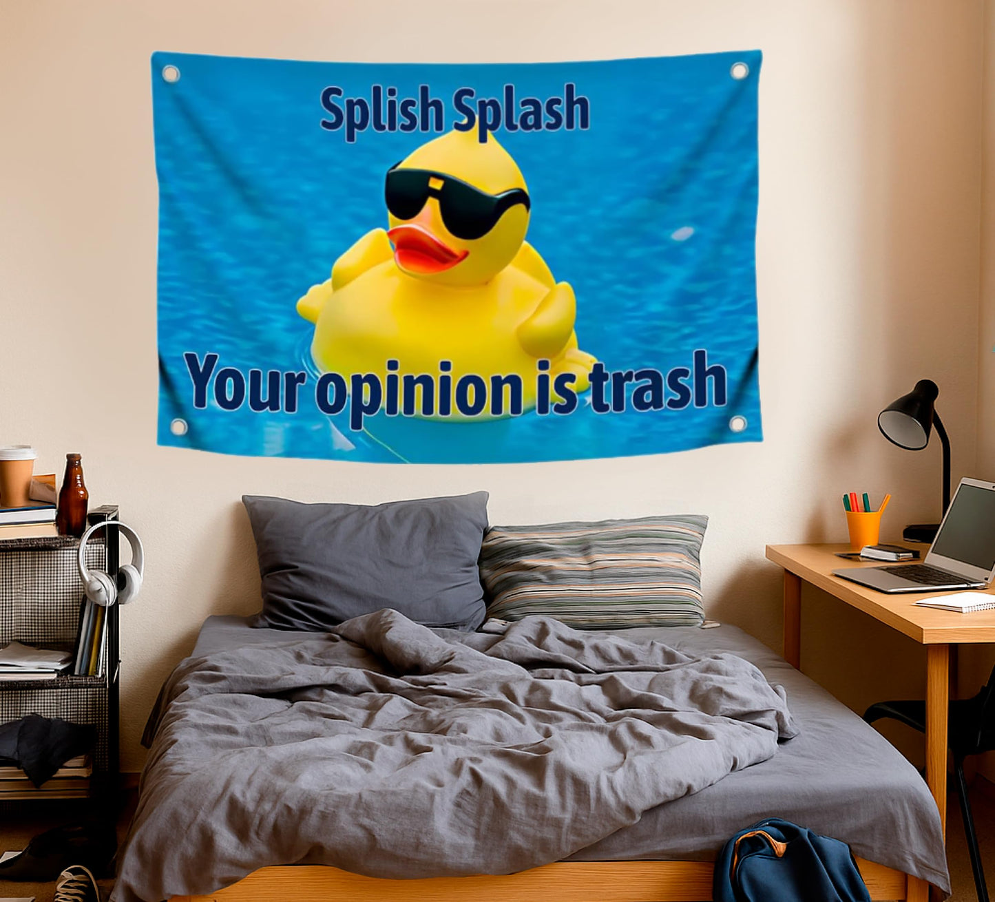 3x5 Feet Funny Duckling Flag with Quote "Splish Splash Your Opinion Is Trash" with Four Brass Grommets - Single Sided Polyester Funny Banner