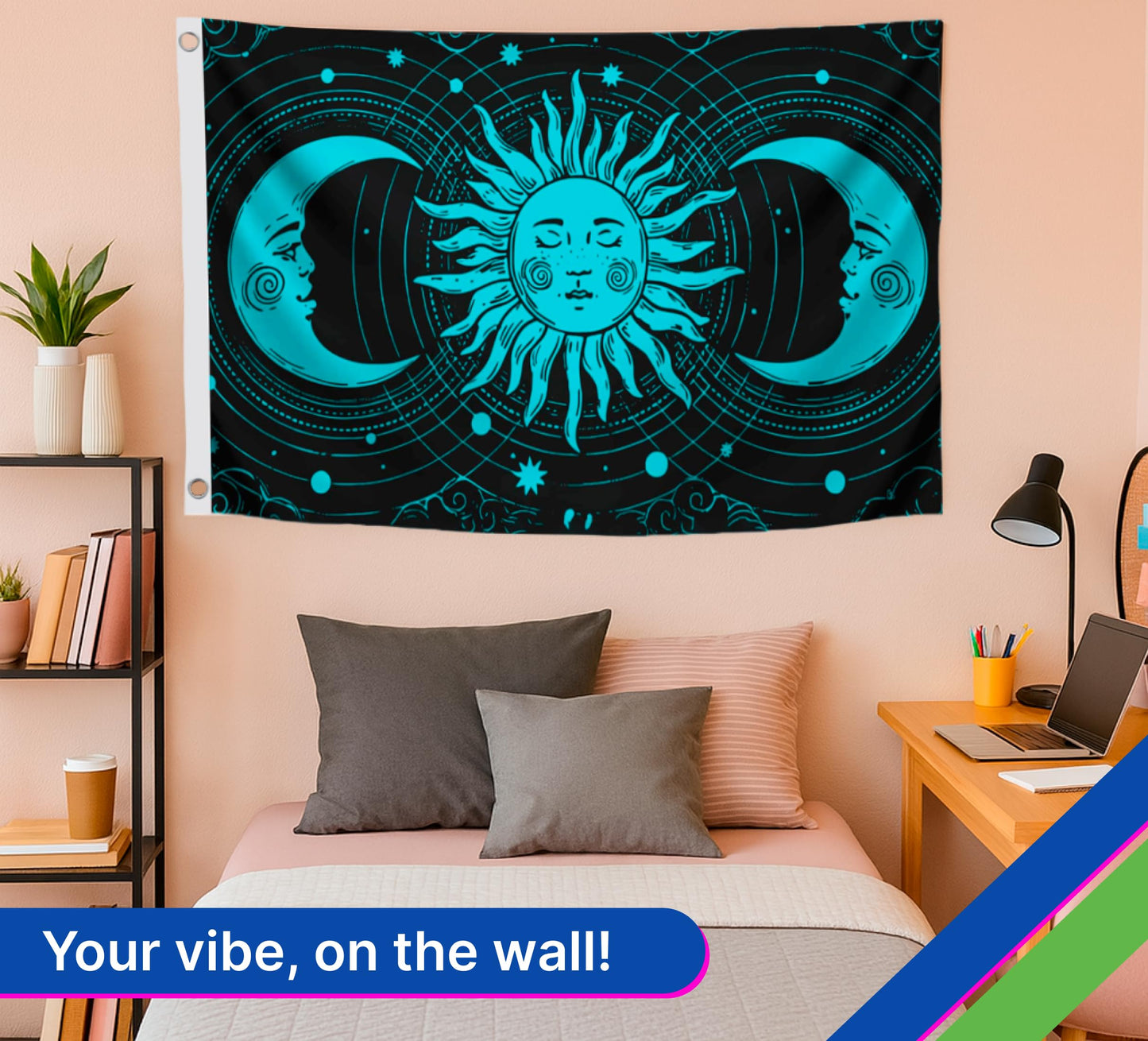 3x5 Feet Feet Sun and Moon Celestial Hippie Black Art Polyester Flags with 2 Grommets - Spring Summer Holiday Garden Decor for Outside or Inside
