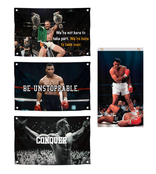 Set 4X Motiv Sports and Quote Polyester Flags 3x5 Ft with 4 and 2 Grommets - Muhammad Motivational Workout Single Sided Banner