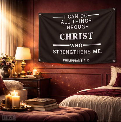 3x5 ft Christian Bible Verse Flag – Philippians 4:13, Black Polyester Wall Banner with 4 Grommets