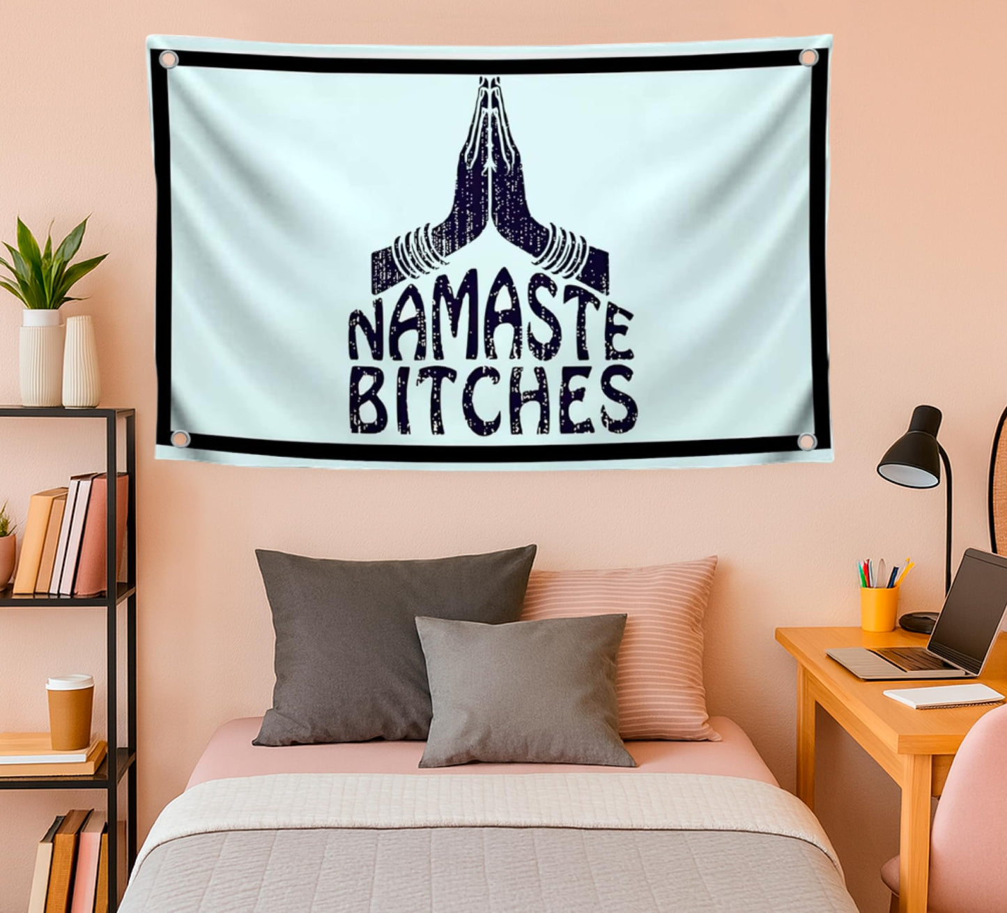 3x5 Feet Humorous Quote Flag "Namaste Bitches" with Four Brass Grommets - Handwritten Decorative Drawn Symbols Yard Outdoor