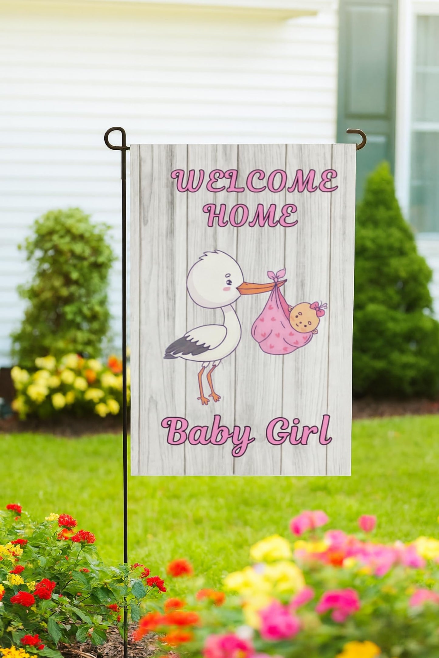 12x18 Inches Double Sided Welcome Home Baby Girl Garden Polyester Flags - Baby Shower Birth Announcement Family Party - Newborn Gender Reveal Pink