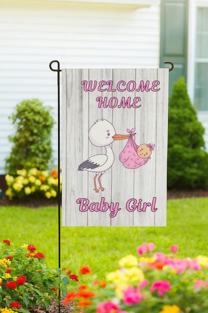 12x18 Inches Double Sided Welcome Home Baby Girl Garden Polyester Flags - Baby Shower Birth Announcement Family Party - Newborn Gender Reveal Pink