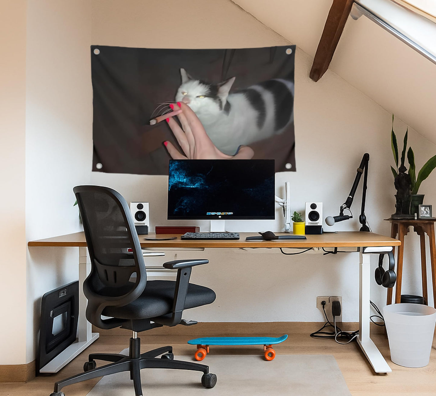 3x5 Ft Funny Cat Smoking Meme Flag - Polyester Banner with Four Brass Grommets - Single Sided Silly Wall Tapestry Poster for College Dorm Boys