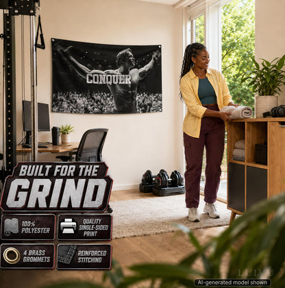 3x5 ft Schwarzenegger Conquer Flag – Motivational Gym Banner
