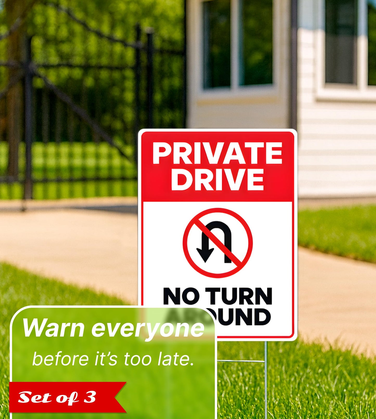 3X Private Drive No Turn Around Sign with Metal Stakes - 12x8 Inches Do Not Enter No Trespassing Double sided Signs