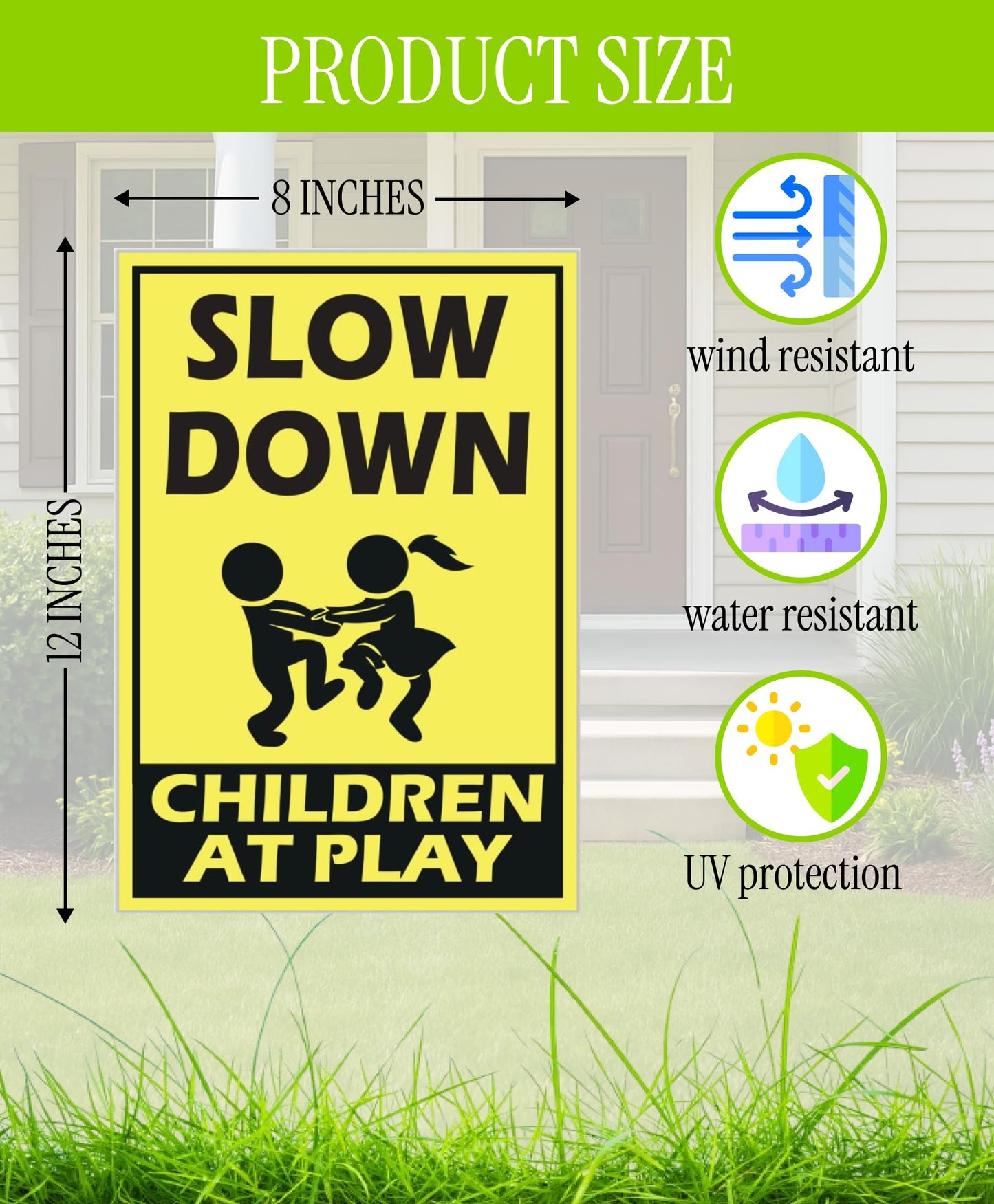 Set of 3 Street Safety Signs with Stakes 12x8 Inch - Attention Kids Playing Road Plastic Sign Double Sided