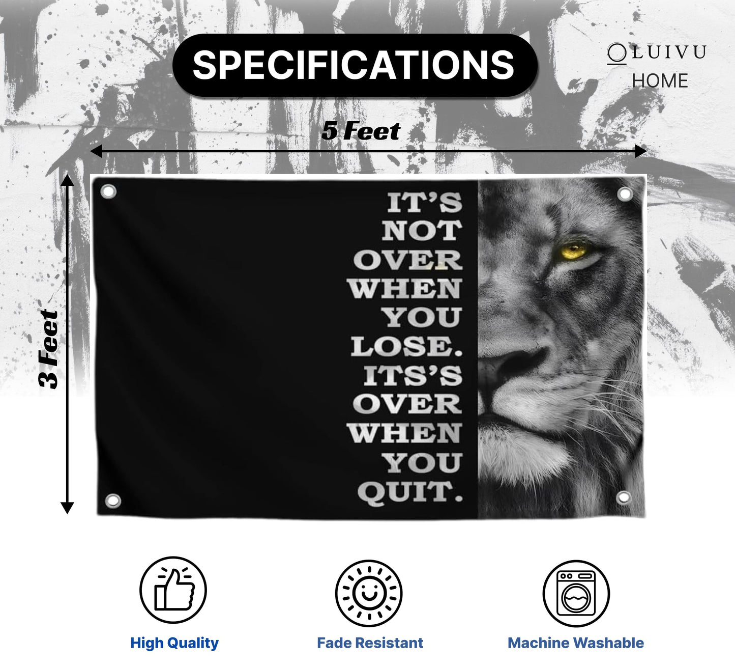 3x5 Feet Motivational Lion Wall Art with Four Brass Grommets - Cool Motivational Inspirational Poster for Men and Women