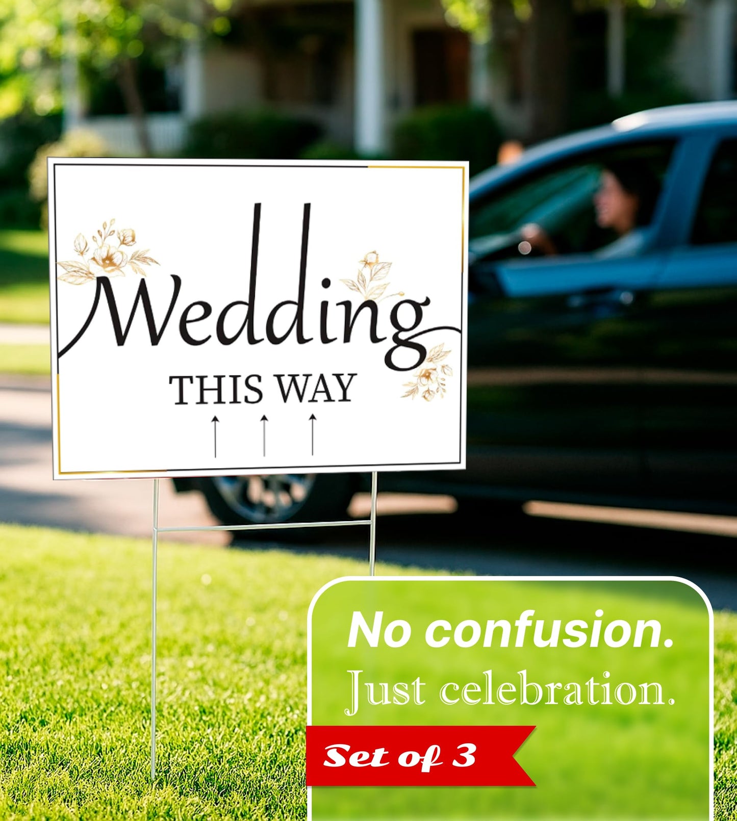 ULVEOL 12x16 inch Pack of 3 Wedding Direction Arrow Signs - Classic White Plastic Wedding Signs with H Stakes - Double-Sided Printed Arrows