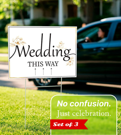 ULVEOL 12x16 inch Pack of 3 Wedding Direction Arrow Signs - Classic White Plastic Wedding Signs with H Stakes - Double-Sided Printed Arrows